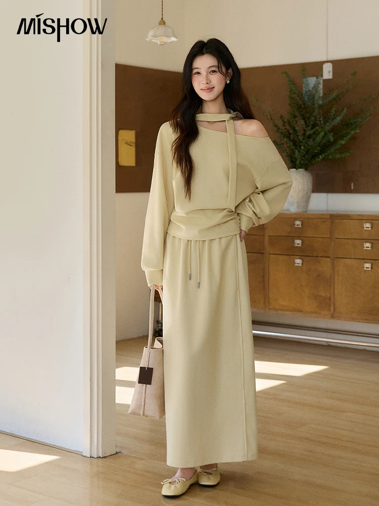 MISHOW Women's Light Yellow Two-Piece Set Asymmetrical Off-shoulder Pullover Top Rear Fork Midi Skirt Set with Ribbon MXE11T1489