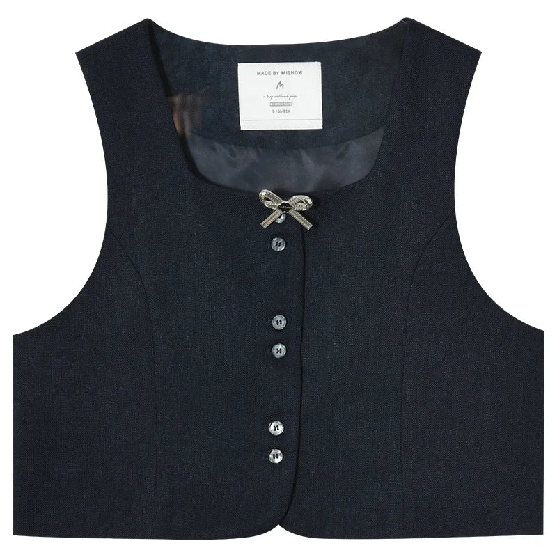 MISHOW French Vest Coat 2024 Spring Bow Square Neck Temperament Sleeveless Short Single Breasted Tank Top Outerwear MXD12W0294