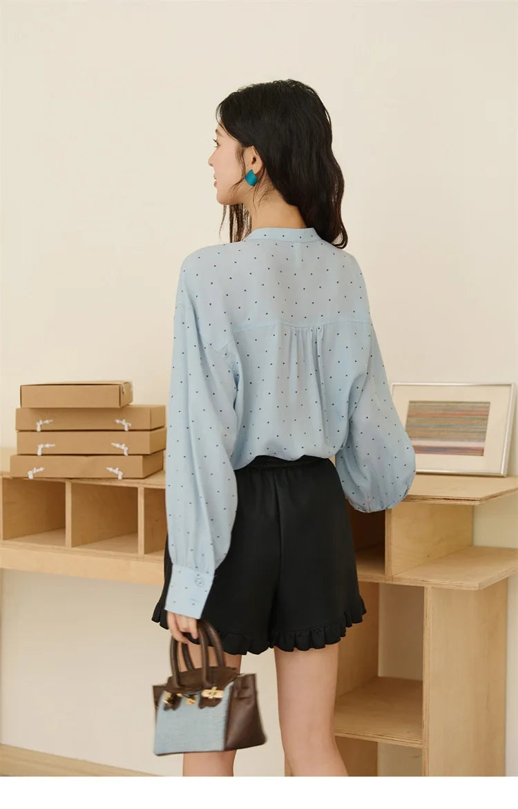 MISHOW Women's Casual Shirt 2025 Autumn French Vintage Blue Polka Dot Shirt Bow Collar Long-sleeve Top Women's Clothe MXE45X2475