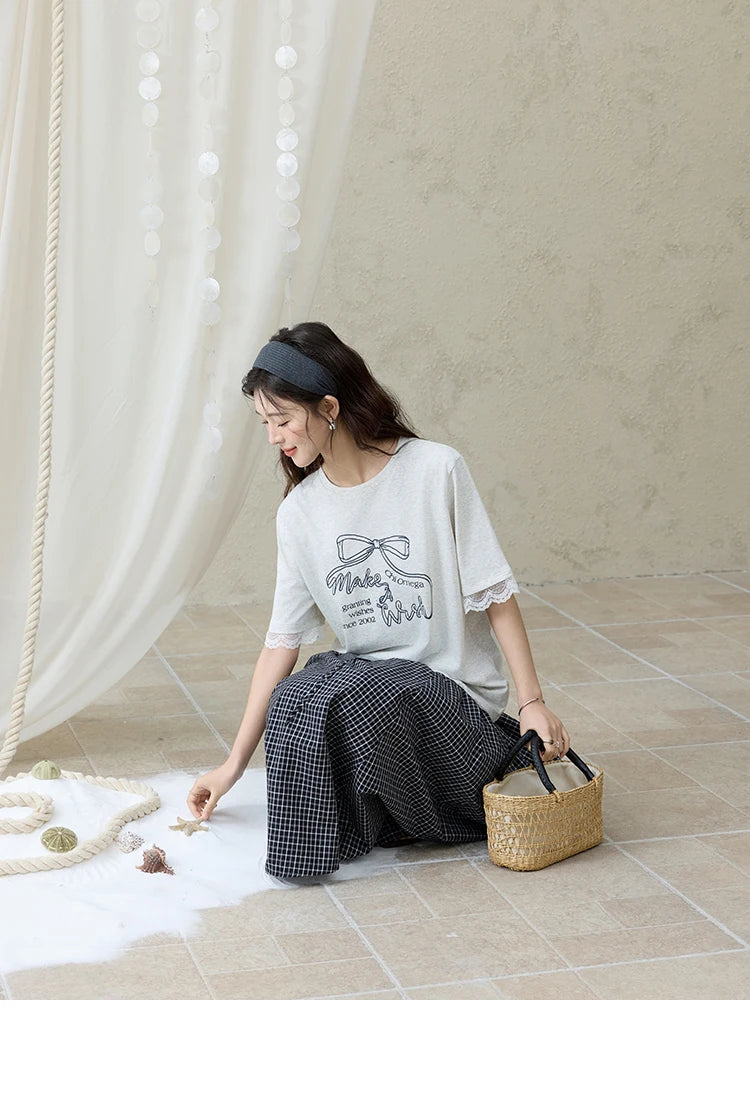 Mishow Print Lace Bow Detail Tee MXE32T0554