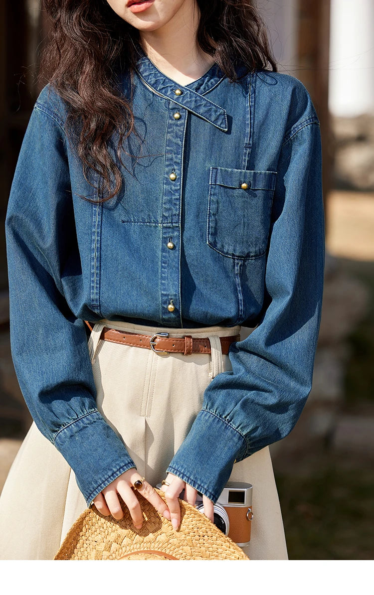 MISHOW 100 Cotton Denim Shirt French Retro Long Sleeved Shirt for Women 2025 Spring Loose Fit O Neck Casual Shirt Top MXE12C0384