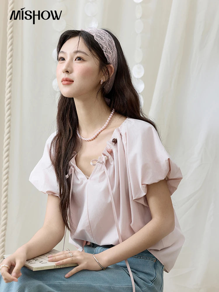 MISHOW Solid French Summer Blouses Woman 2025 New Short Puff Sleeve V-neck Beaded Retro Shirts Women Fashion Tops MXE33X1757