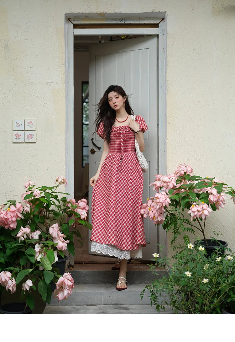 MISHOW Women's Retro Red Plaid Dress 2025 Summer New Square Neck Lace Up Hollow Out Spliced Dresses Women's Clothing MXE39L2324