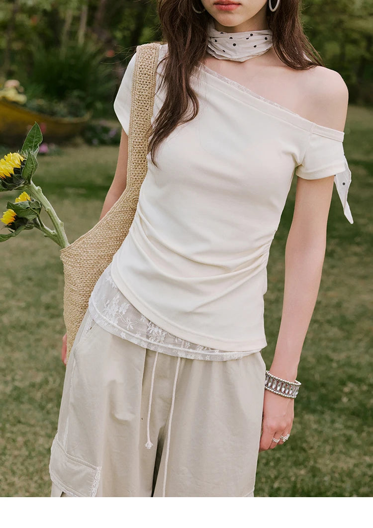 MISHOW Sexy Summer New T-shirts Women 2025 Short Sleeve Skew Collar Off-shoulder Lace Shirt Female Versatile Thin MXE31T0503