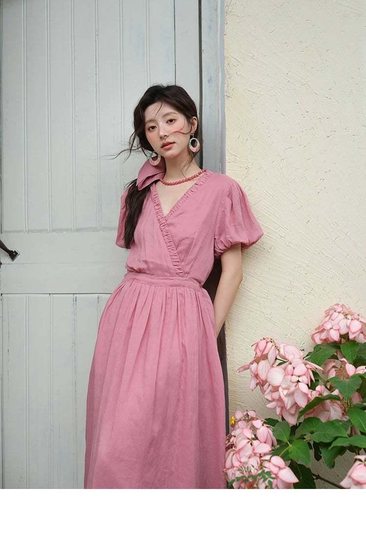 MISHOW Summer Fashion V-neck Dress Woman 2025 New Puff Sleeve Sashes Elegant Pocket Vacation Dresses Ladies Clothing MXE39L2381