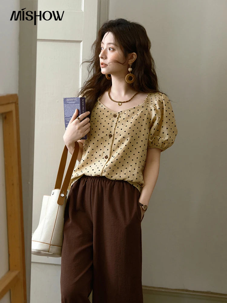 MISHOW Women's Polka Dot Puff Sleeve Blouse 2025 Summer New Ladies Button Retro Sweet V-neck Top Women's Clothing MXE37X1859