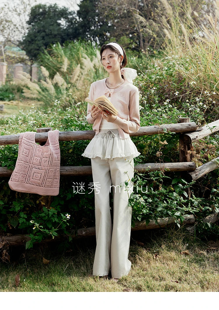 MISHOW Women's Iris Embroidery Round Neck Cardigan 2025 Spring Loose Knitted Thin Bow Design（Not Include Lace Vest）MXE13Z1142