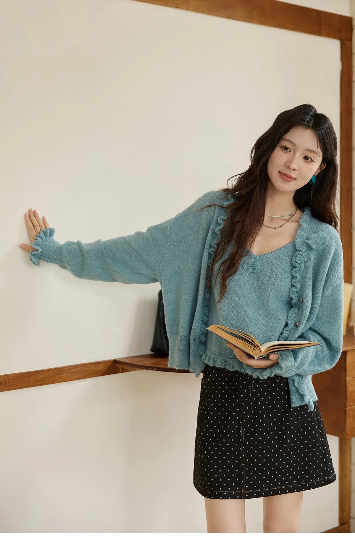 MISHOW Blue Knitted Cardigan Strap Two Piece Set 2025 Autumn Sweater Cardigan Lotus Leaf Edge Flower V-neck Camis Set MXE45T1377