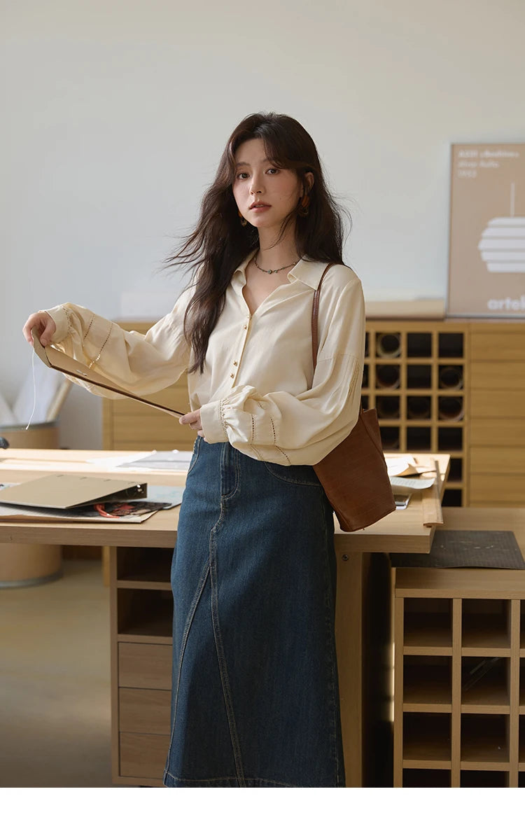 MISHOW Women's Shirt Lantern Sleeve Hollow Out Tops 2025 Autumn Single Breasted Solid Shirts Lapel Shirt Office Lady MXE41C2359