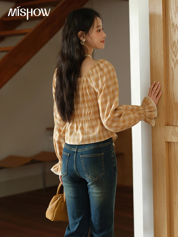 MISHOW Yellow Plaid Blouse for Women 2025 Autumn Korean Waist Square Neck Top Cuff Patchwork Lace Puff Sleeve Blouses MXE43X1986