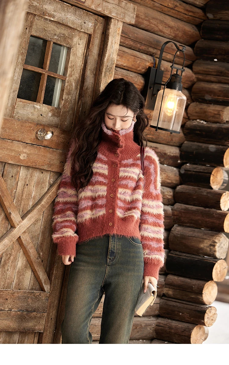 Mishow Red Striped Faux Mink Fur Stand Collar Cardigan MXD59Z1005