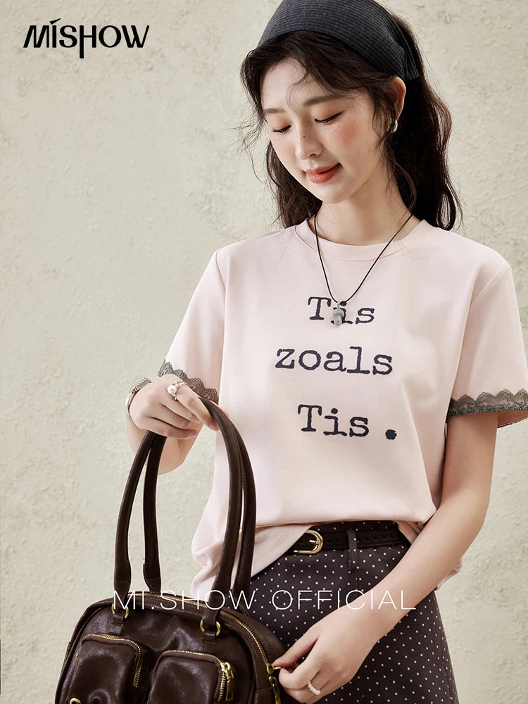 MISHOW Casual Pink Letter T-shrit Women Summer 2025 New Short Sleeve Round Neck Shirts Woman Fashion Lace Tops Lady MXE32T0529