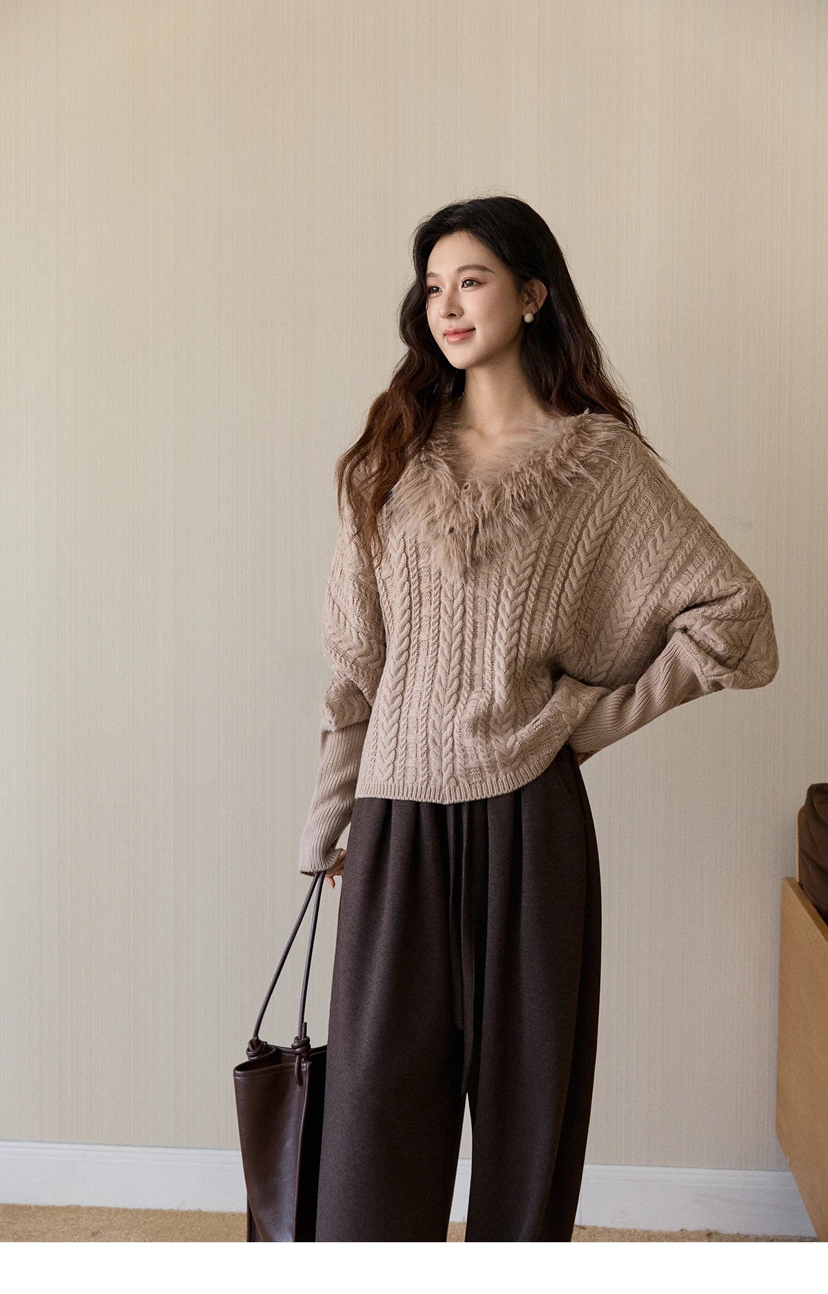 MISHOW Women's Batwing Sleeve KnittedSweater 2025 Winter Faux Fur Collar Cable Knit Puff Sleeve Warm Pullover Tops MXE94Z2985