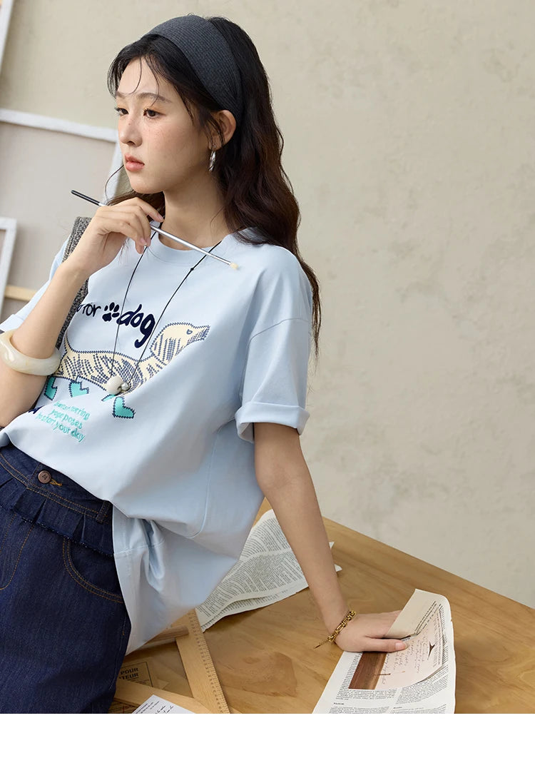 MISHOW Print Summer T-shirts Women 2025 Short Sleeve Round Neck Flocked Puppy Loose Shirt Female Casual Versatile Top MXE33T0542