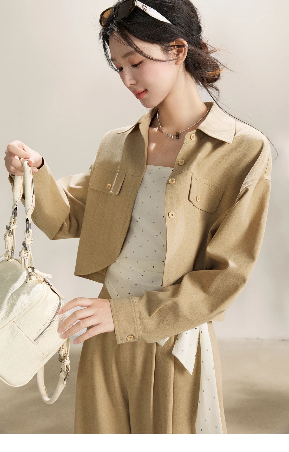 MISHOW Women's Khaki Three-Piece Set Spring Cropped Lapel Short Jacket Irregular Polka Dot Vest Wide Leg Pants Set MXF13T1478