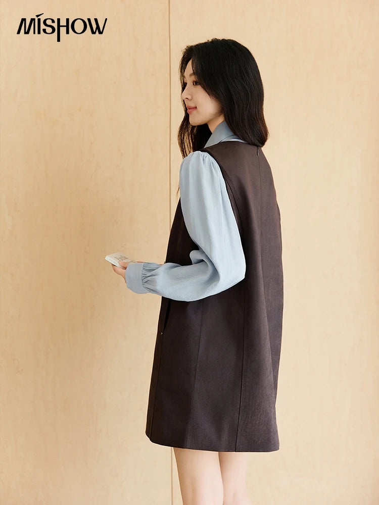 MISHOW Woman Two-piece Set 2025 Autumn College Style Light Blue Shirt Dark Brown Vest Skirt Suit Woman Clothes MXE47T1408