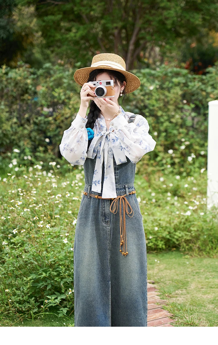 MISHOW Retro Denim Strap Dress for Women Spring Summer 2025 Symmetrical Diagonal Pockets Front Hem Slit Midi Dresses MXD14L1817