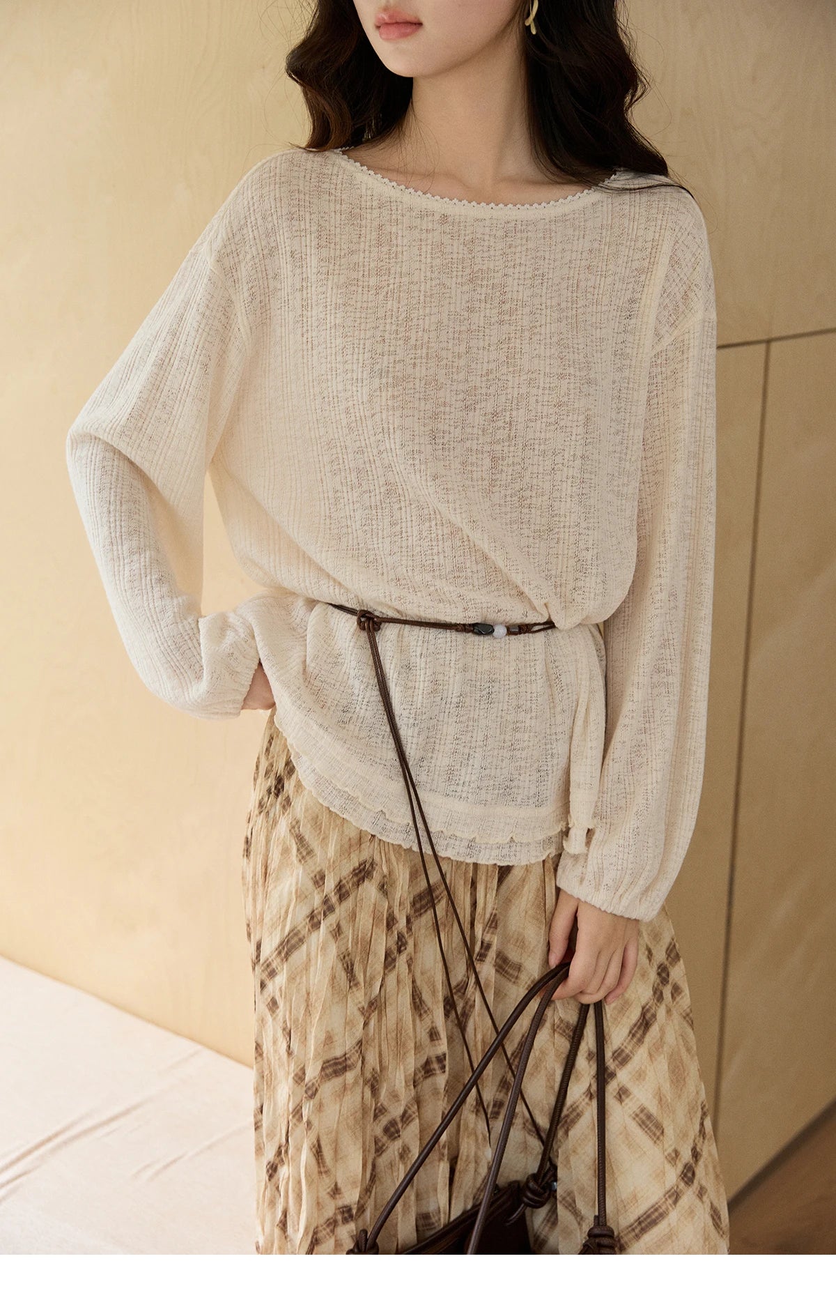 MISHOW Women's Lace Trim Boat Neck Knitted Tops with Belt 2026 Spring  Micro Transparent Loose Casual Thin Sweater MXF13Z3002