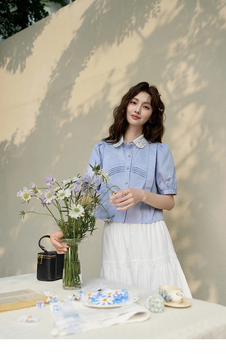 MISHOW Women's Summer Button Up Shirt Puff Sleeve Blouse Lace Lapel French Retro Contrast Top Korean Popular Clothes MXD26X1451