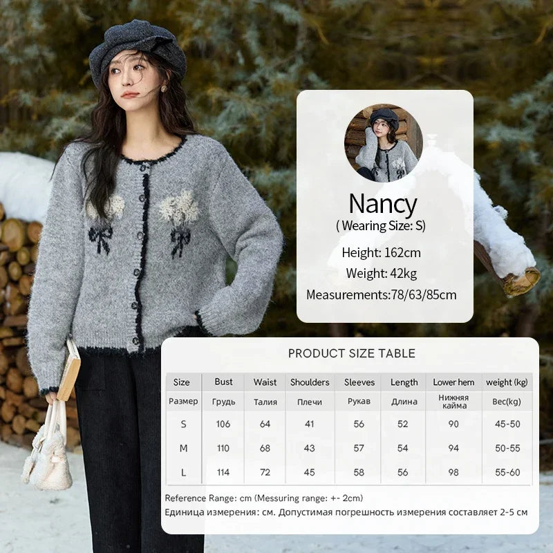 MISHOW Wool Blend Knitted Cardigan Pure Bouquet Embroidery Sweater Women Color Clash Design Soft Warm Regular Fit Top MXD54Z0951