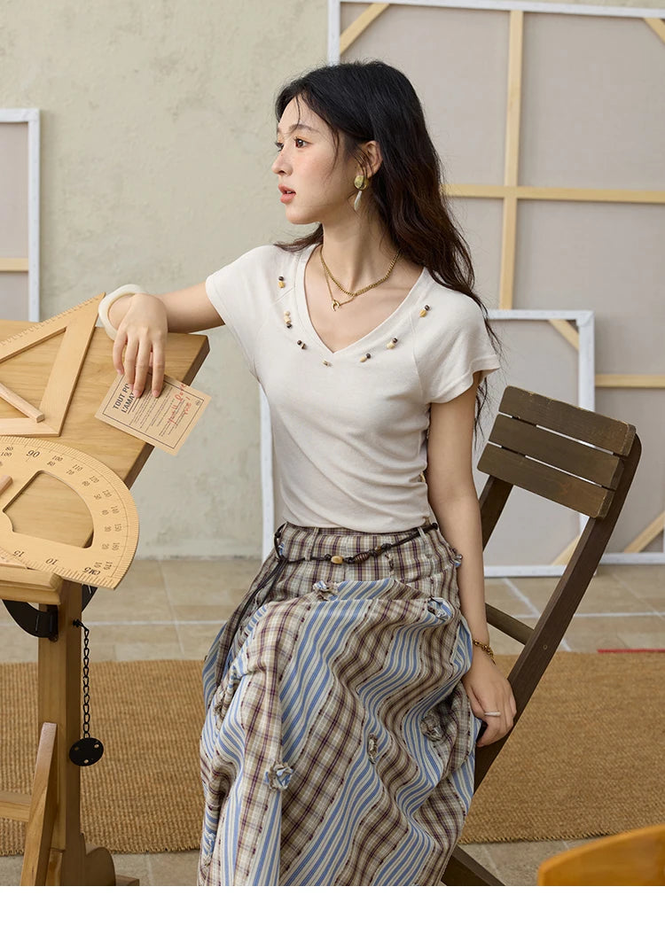 MISHOW Retro Plaid Patchwork Pleats Skirt Summer 2025 Versatile Flowers Slim Skirt A-LINE Skirts Excluding Waist Belt MXE35B0726