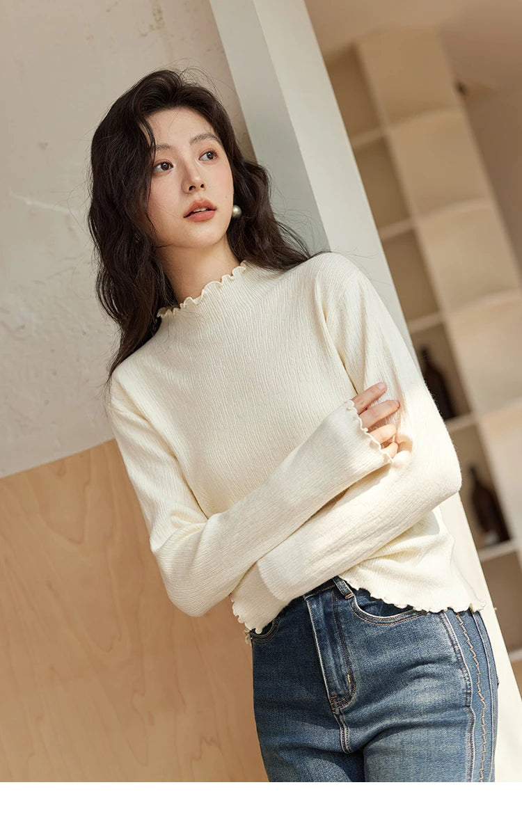 MISHOW Bottom Knitted Sweater Women Ruffled Edge High Collar Long Sleeve 2025 Winter Solid Slim Thin Internal Tops MXD48Z0850