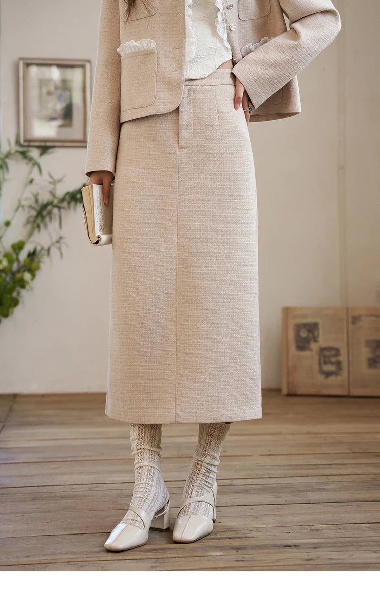 MISHOW French Fragrant Coat Solid Skirt Separately 2025 Spring Collar Pocket Splicing Lace Top Hem Split Back Skirt MXD12W0274