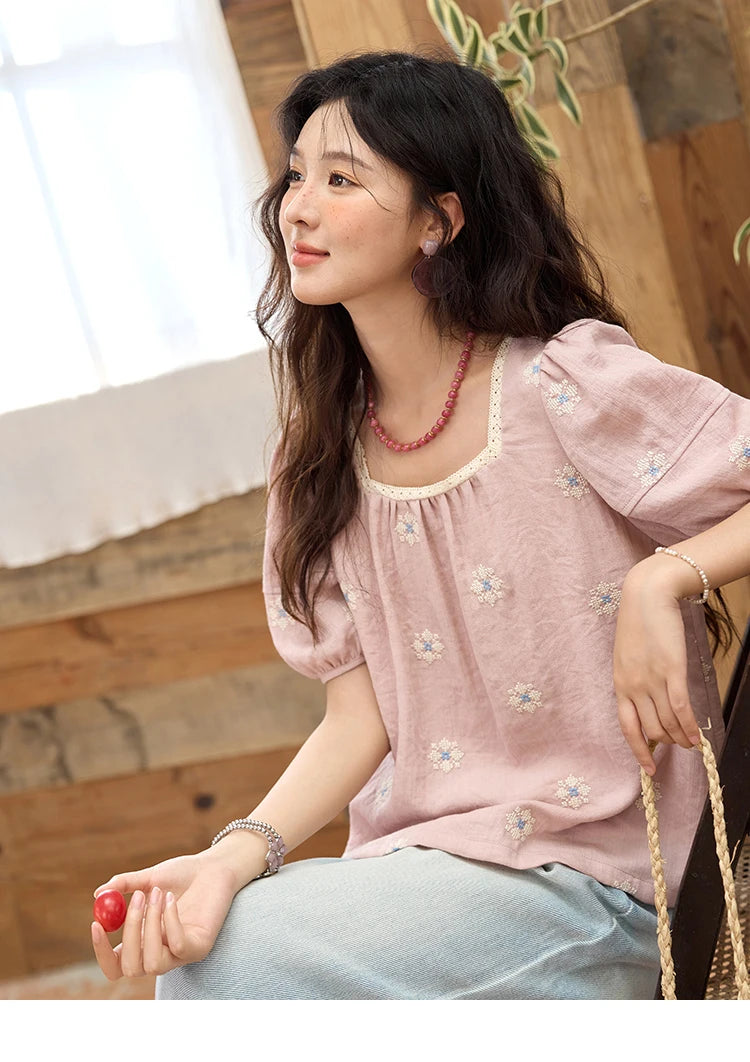 MISHOW Pink Embroidered Linen Floral Blouse for Summer 2025 A-line Square Collar Blouses Lace Patchwork Loose Tops MXE35X1834