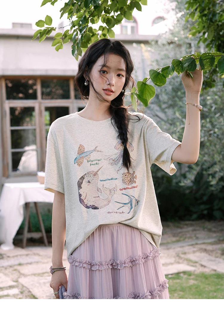 MISHOW Fashion Print T-shirts for women 2025 Summer New O-Neck Loose Casual Short Sleeve Cotton Top Female Clothing MXE36T0575