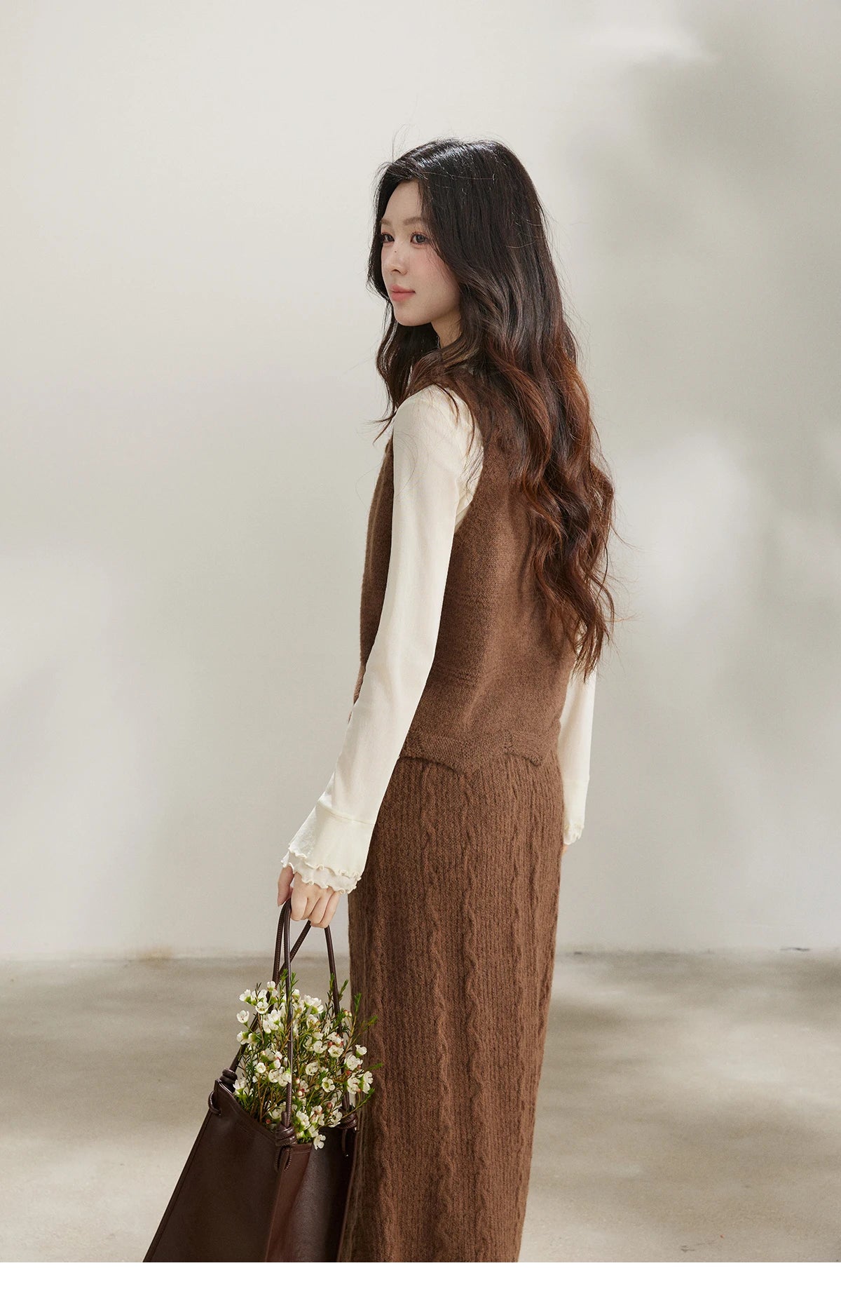 MISHOW Women's Brown Two-Piece Set 2026 Spring Knitted Vest V-Neck Cable Knit Maxi Skirt Casual Retro Warm Outfit MXF11T1460