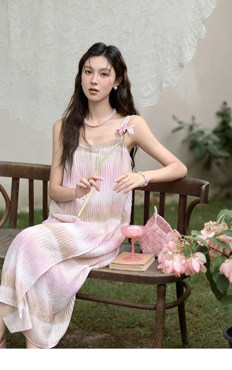 MISHOW Pink Striped Suspender Dress for Women 2025 Summer Sleeveless Irregular Front Dress Wave Mid Length Dresses MXD29L1930