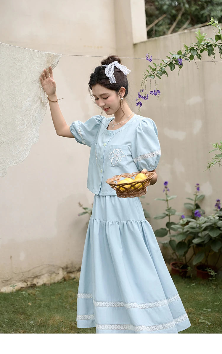 MISHOW Blue Pocket Patchwork Lace Shirt Elastic Waist Skirt Separately 2024 Summer Korean Round Neck Top Sweet Skirts MPD22B0450