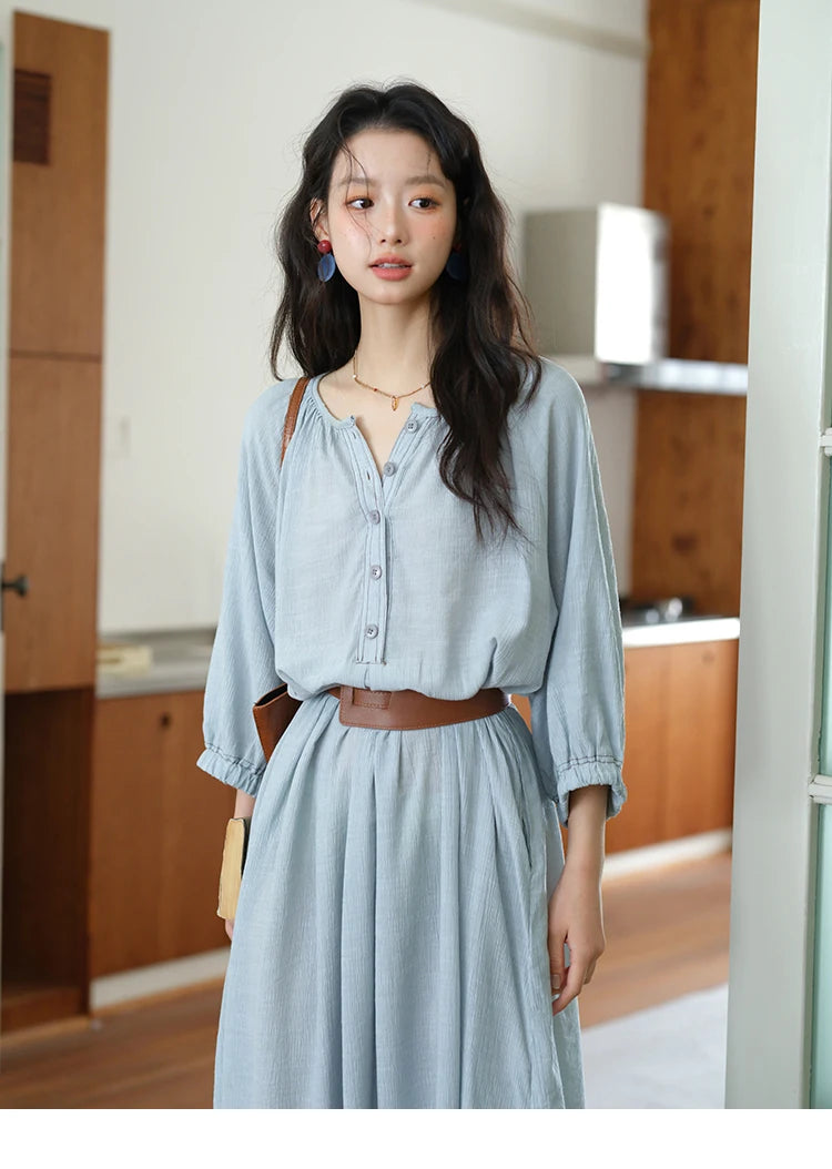 MISHOW Women's Half Sleeve Button Bamboo Knot Dress with Bohemian Belt 2025 Autumn Blue Long Dress Ladies Clothing MXE20L2468