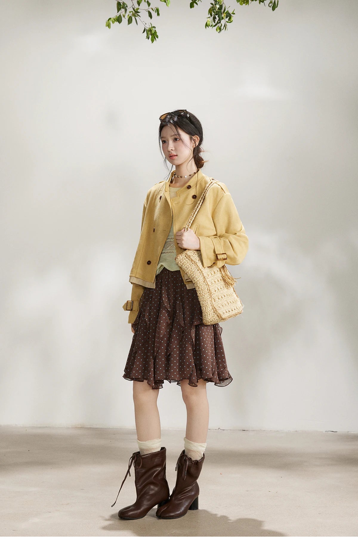 MISHOW Women's Yellow Double-Breasted Trench Stand Collar Coat Adjustable Cuffs Splicing Striped Hem Casual Outerwear MXF11W1026