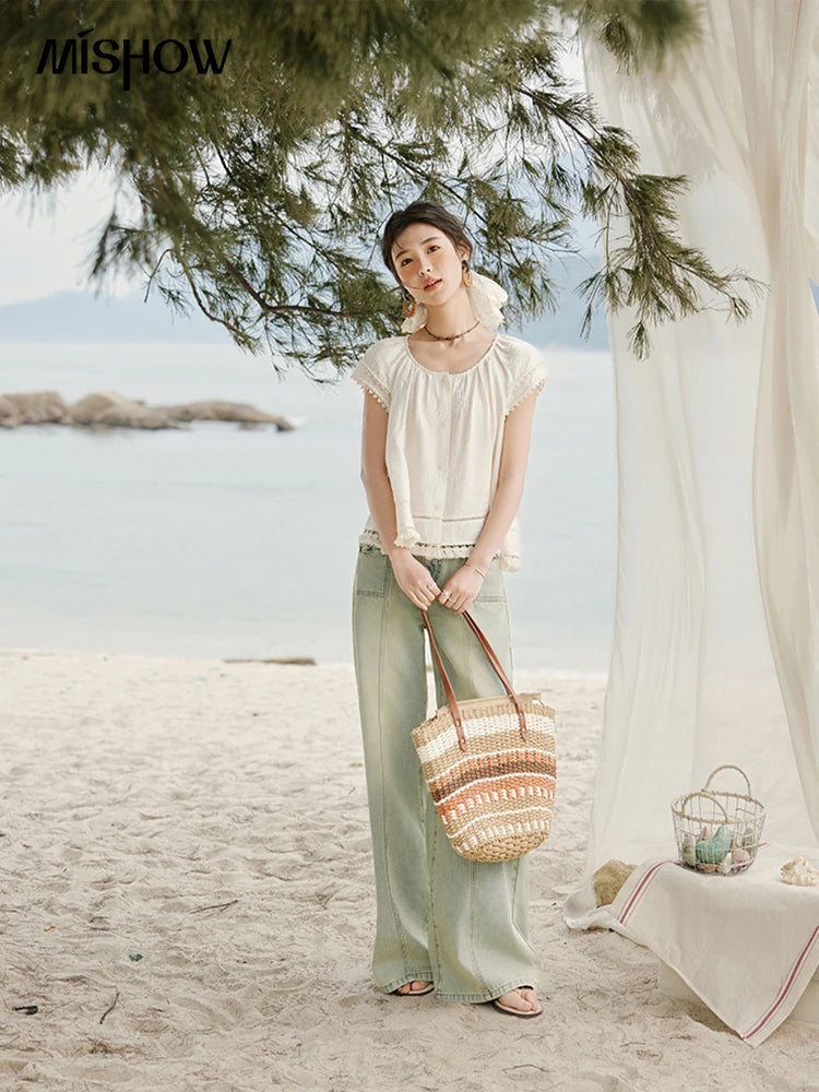 MISHOW Embroidered French Shirt Women Summer 2025 Short Sleeve Round Neck Solid Blouses Female Fashion New Tops Lady MXE33X1744