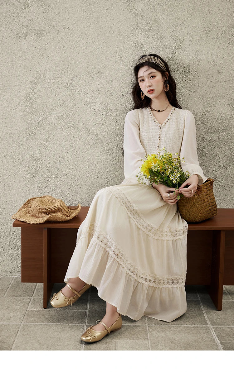 MISHOW Apricot Vacation Dress for Women Spring 100 Cotton Splicing Lace Retro Dress V-neck Waist Slim Long Dresses MXE16L2168