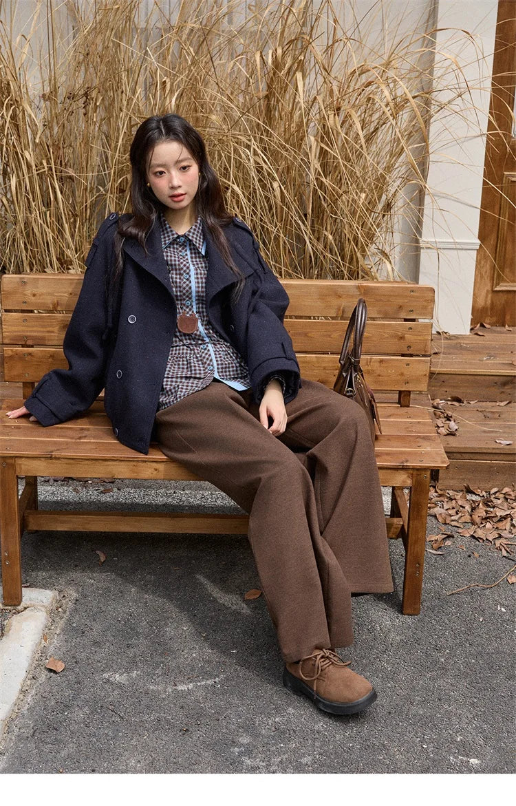 MISHOW Retro Blue Plaid Shirt for Women 2025 Autumn Winter Lapel Lantern Sleeves Ruffled Hem Top Slim Casual Shirt MXE89C2420