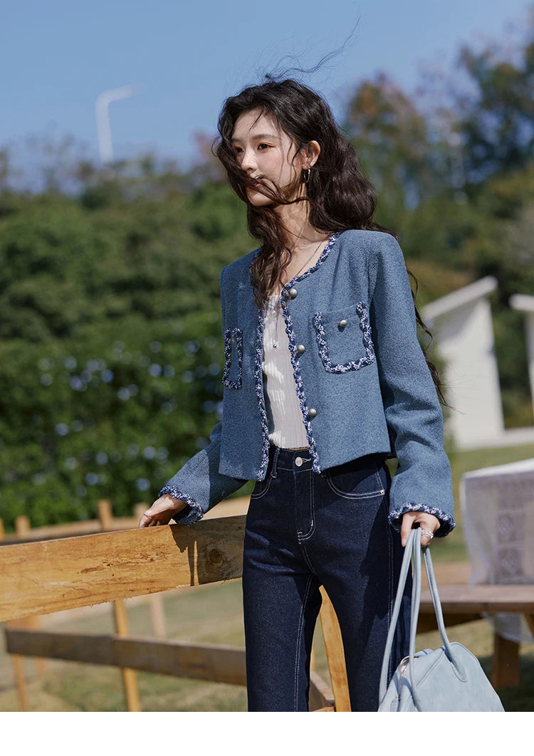 MISHOW Retro Fragrant Style Jacket for Women Spring 2025 Shoulder Pads Coarse Tweed Splicing Ribbon Blue Suit Coats MXE13W0705