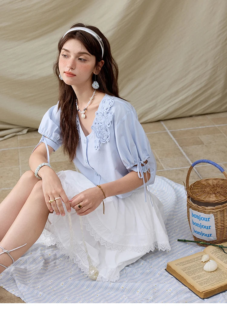 MISHOW French New Shirts Women Summer 2025 Solid Short Sleeve V-neck Embroidered Loose Blouses Female Loose Versatile MXE31X1774