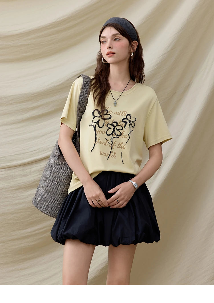 MISHOW Casual Print T-shirts Women Summer 2025 Short Sleeve Round Neck Embroidered Flower Shirt Female Loose Slimming MXE33T0498