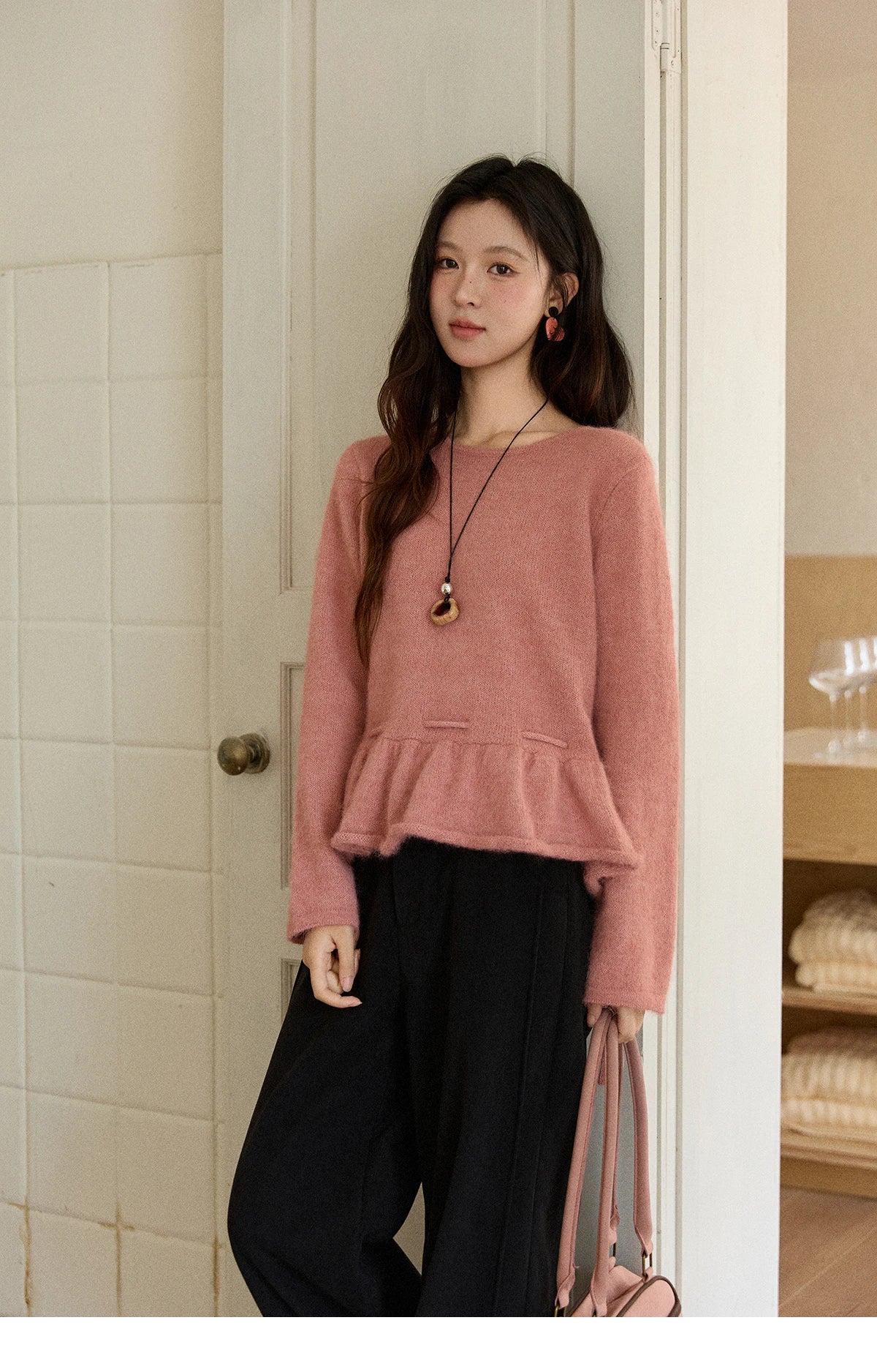 MISHOW Women's Pink Sweater 2025 Winter French Style Round Neck Knit Top Ruffled Hem with Drawstring Belt Pullover MXE90Z2824