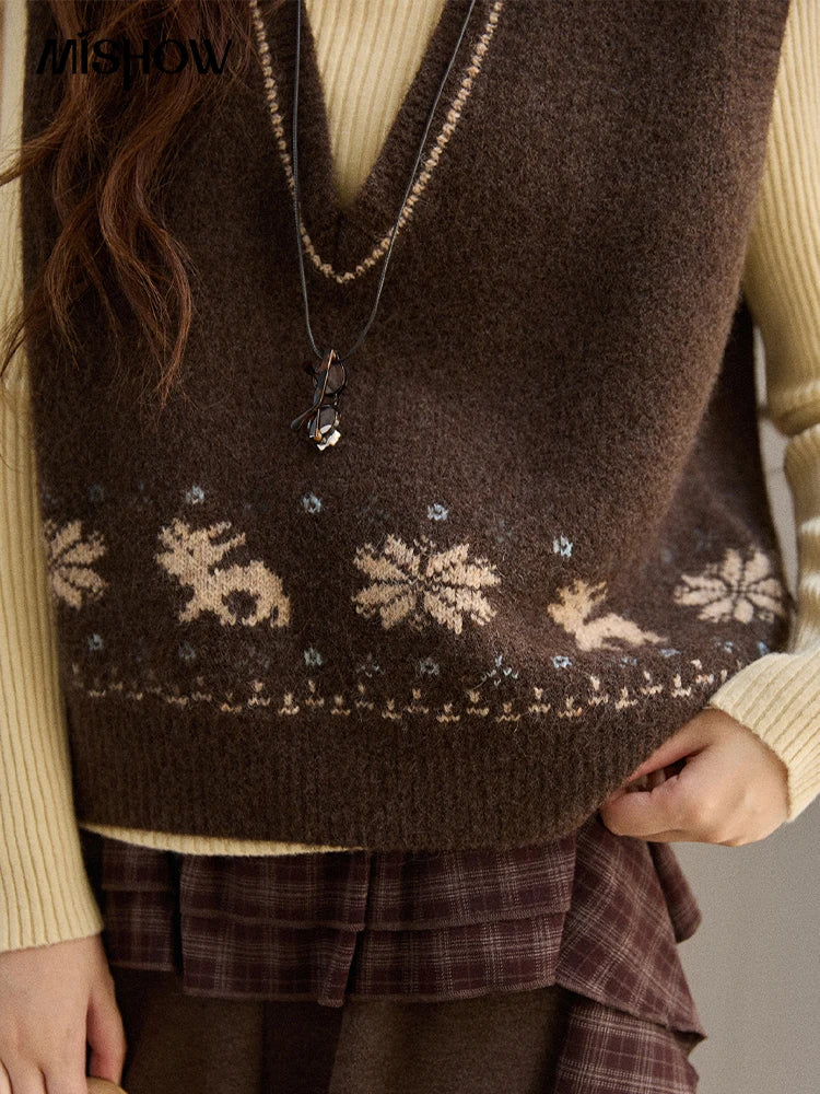 MISHOW Woman Sweater Vest 2025 Winter Retro Brown Jacquard V-neck Knitted Vest Loose Commute Versatile Pullover MXE86Z2659