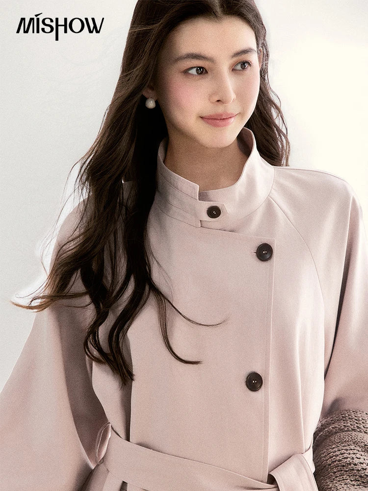 MISHOW Women's Dusty Pink Trench 2026 Spring Stand Collar Belted Coats Raglan Sleeve Casual Mid-Length Windbreaker MXF108W1002