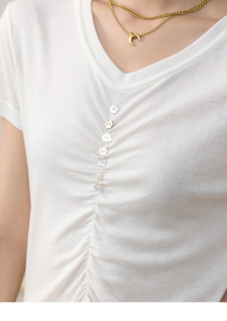 MISHOW V-neck Short Sleeve T-shirt Summer 2025 Mid Front Elastic Fold Single Row Shell Button Tees Casual Slim Tops MXE34T0560