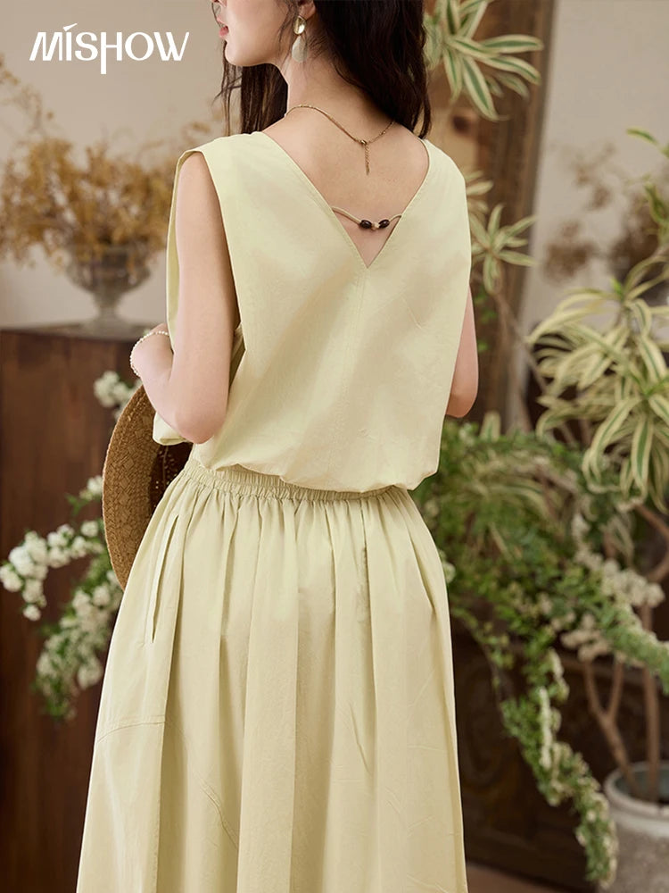 MISHOW Office Lady Solid Blouses Skirts Sets Women Summer 2025 V-neck Sleeveless Vest Elastic Waist Loose Skirts Sets MXE34T0604