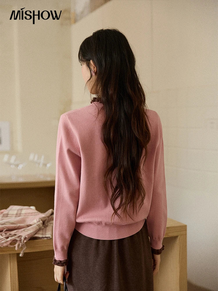 MISHOW Women Knit Cardigan Long Sleeve 2025 Winter Retro Ruffle O-neck Knitted Sweater Loose Casual Commute Khaki Top MXE91Z2749