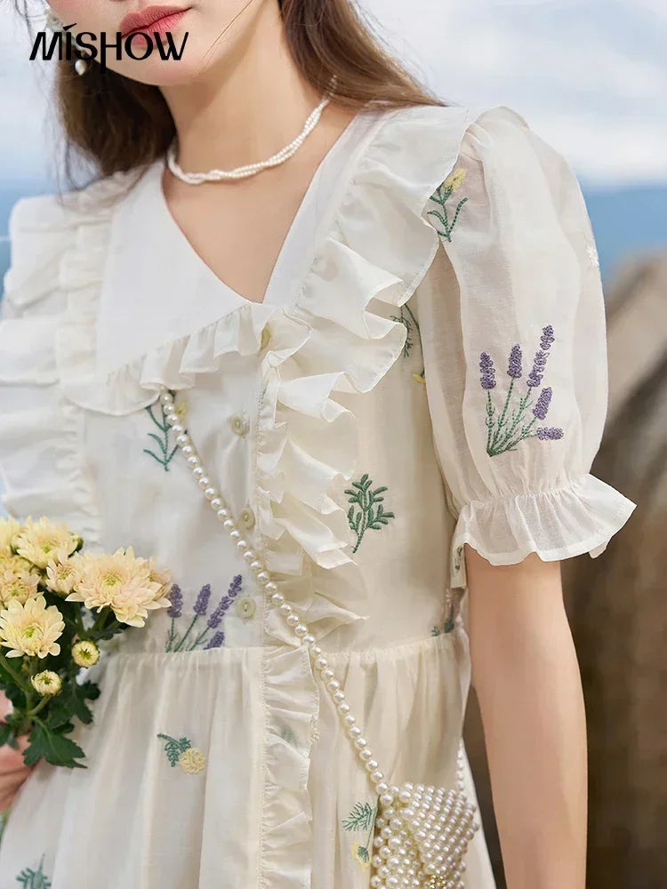 MISHOW Elegant Fairycore Embroidery Flower Dresses 2025 Summer A-line Flare Sleeve Ruffles Sweet Knee-Length Dresses MXC38L1518