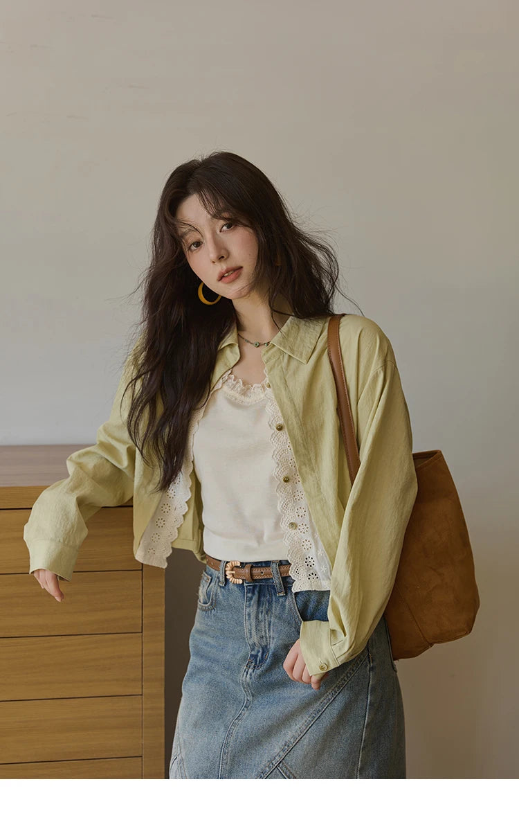 MISHOW Women's Top Green Fake Two Piece Shirt 2025 Autumn Lace Patchwork Lapel Shirts Rear Hem Elastic Short Shirt MXE41C2348