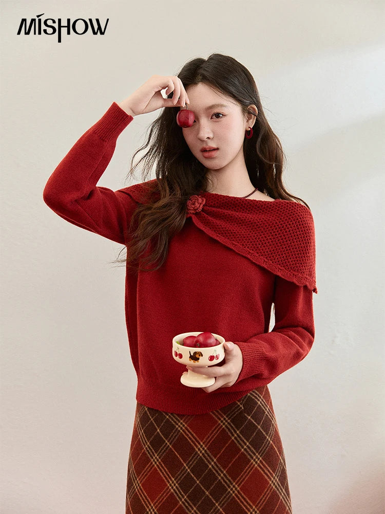 MISHOW New Year Christmas Women's Red Sweater 2025 Autumn Winter Soft Elegant Sweaters 3D Flower Alpaca Knitted Tops MXE94Z2889