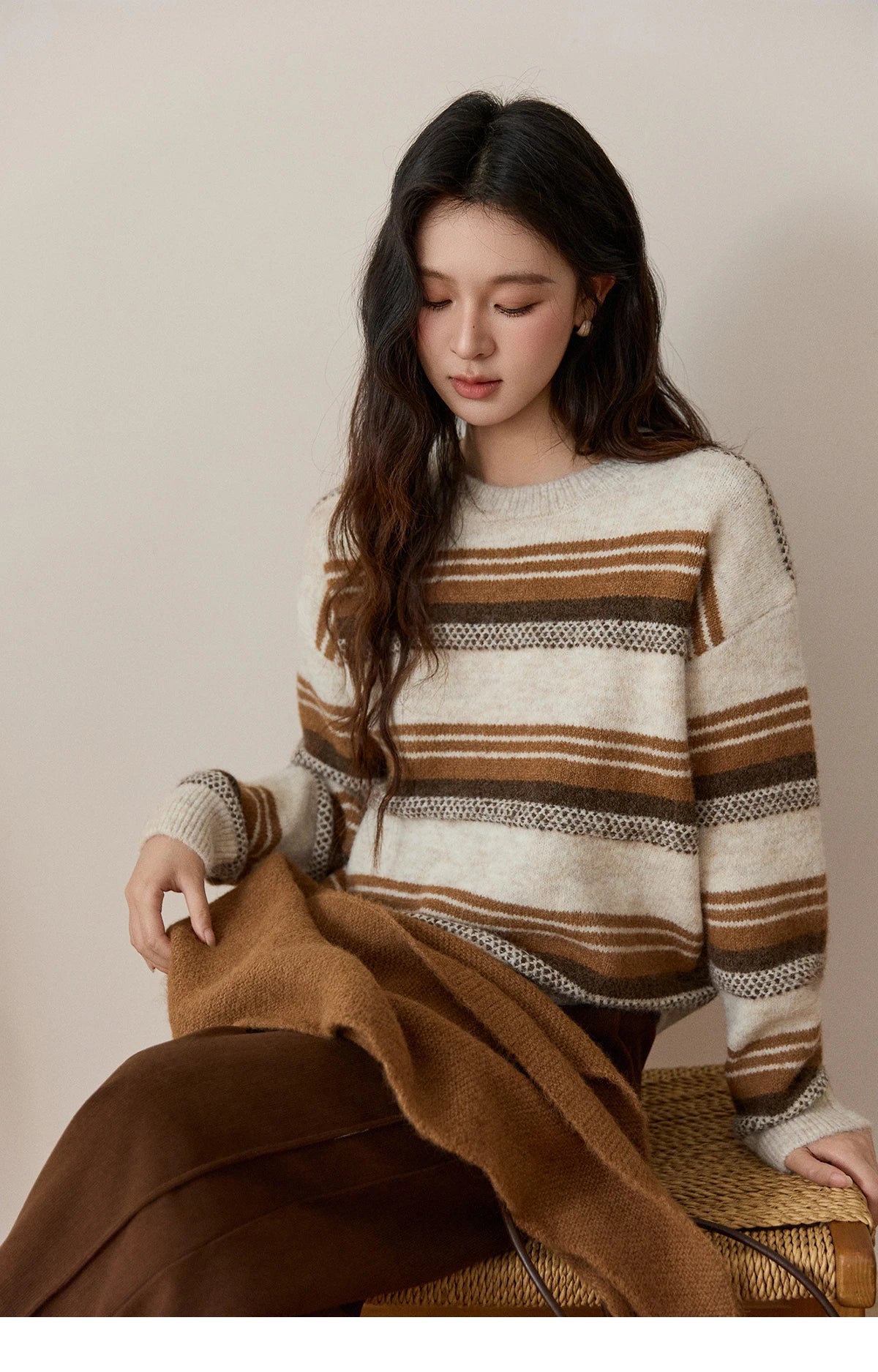 MISHOW Women's Wool Blend Retro Striped Sweater with Scarf Set 2025 Winter Knitted Round Neck Warm Loose Sweaters MXE94Z2987